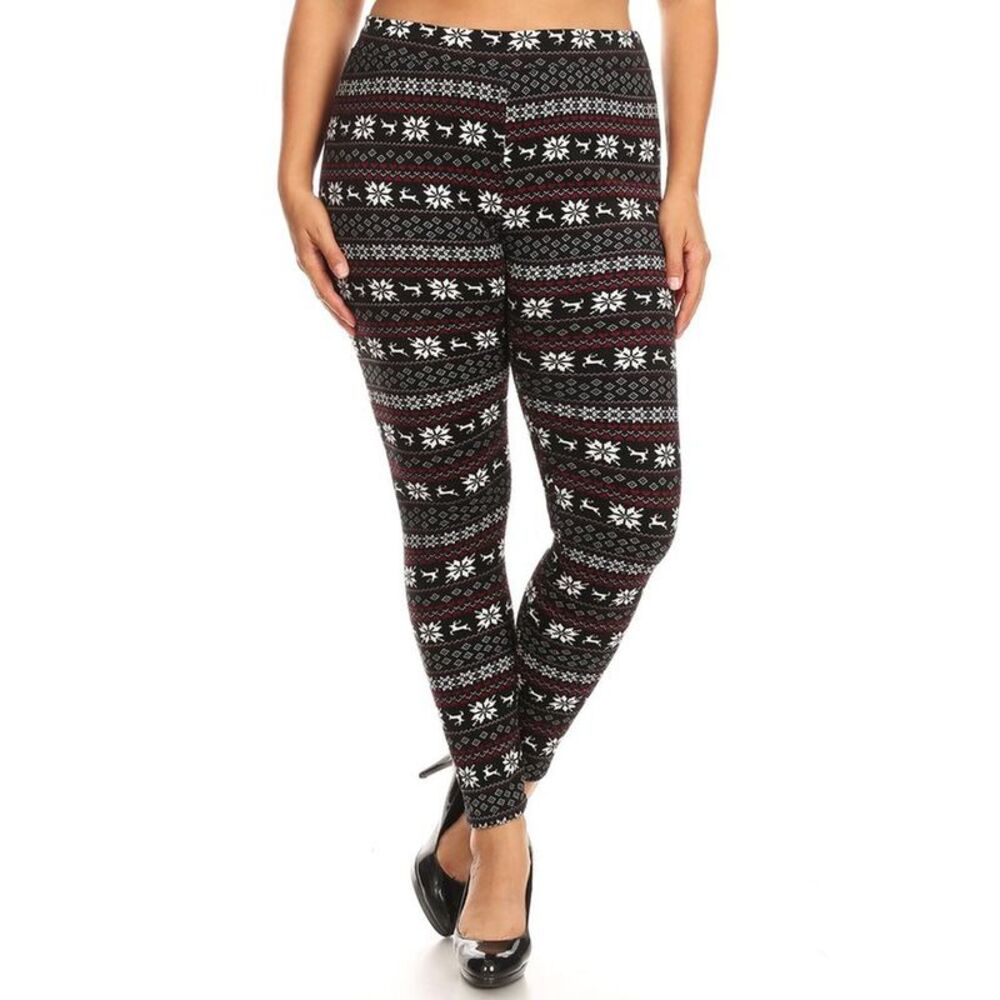 World of Leggings Snowflakes and Reindeer Plus Size Fur Lined Leggings